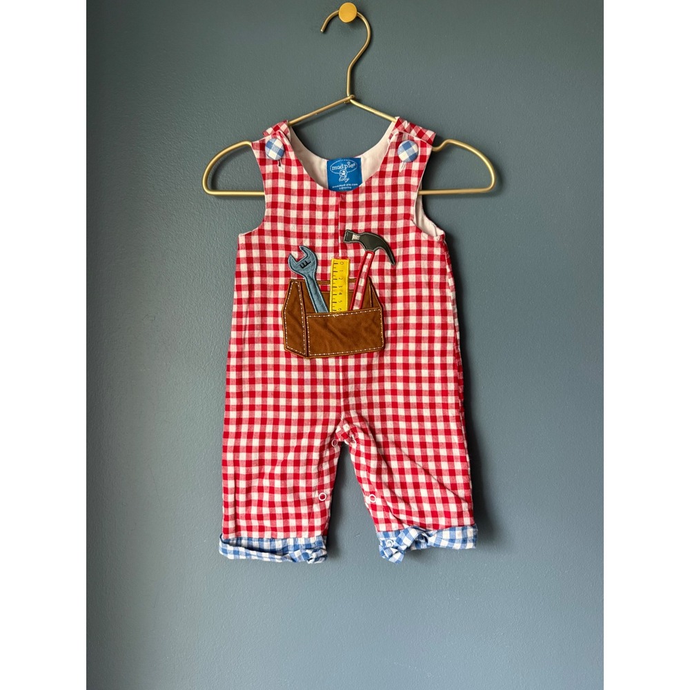 Mud Pie Baby Boys Red Gingham Tool Box Applique Romper One Piece 0-6 Months